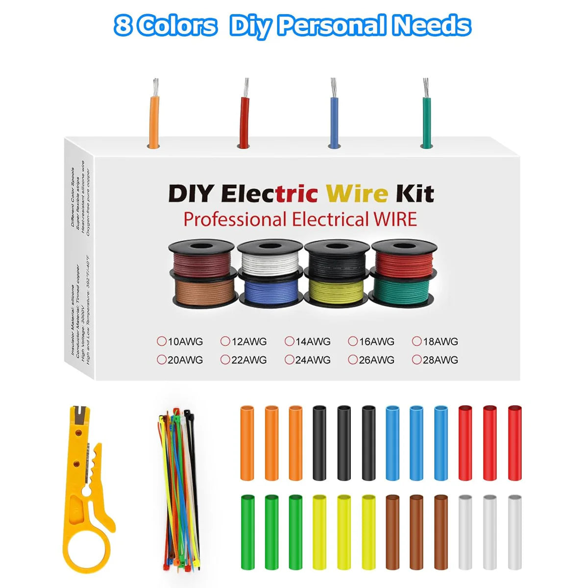 30 AWG Silicone Wire Spool Kit, Stranded Tinned Copper Electrical Hook Up Cable, Flexible Heat Resistant Wire Set for Professional Electronics, LED, DIY Projects, 3m–15m Each Roll × 8 Colors