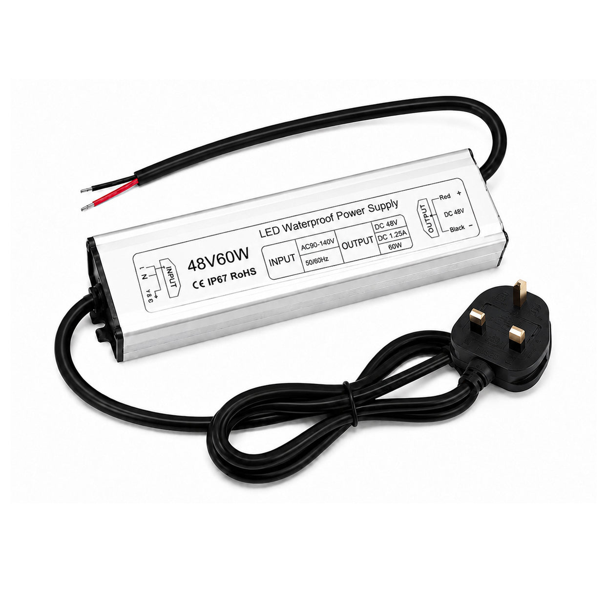 60W 12V/24V/36V/48V Waterproof LED Power Supply, 90-265V Input, Single Output, Aluminum Housing, Outdoor LED Lighting Driver, CE/RoHS/FCC Certified, US/UK/EU Plug