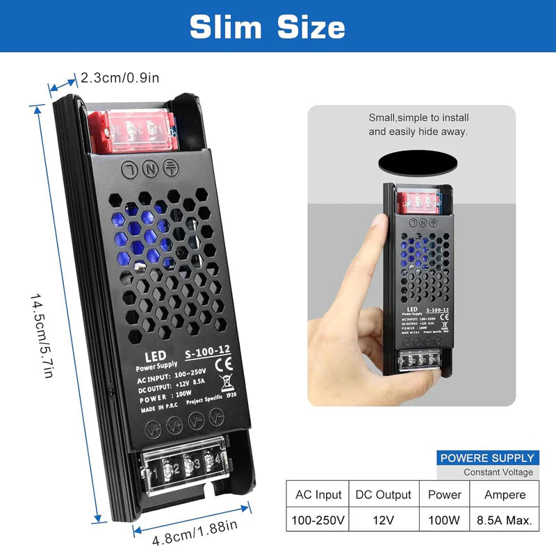 Slim Black DC 12V/24V 36W–200W Switching Power Supply, AC 110–250V Input, Narrow Type LED Transformer, Compact Metal Housing, CE/FCC/RoHS Certified