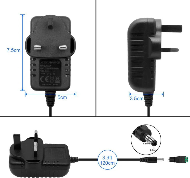 Power Supply Adapter DC 12V 12W–24W, AC 100–240V Wall Plug Transformer with US/UK Plug, Black Case LED Driver for LED Strip Lights, CCTV, Electronics