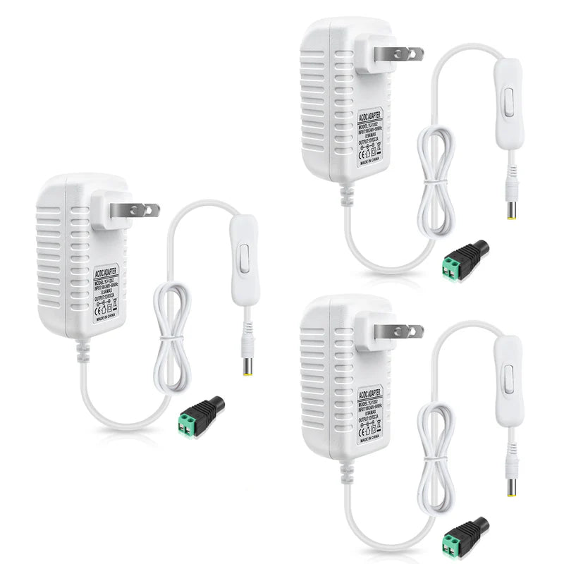 Power Supply Adapter DC 12V with On/Off Switch, 12W–36W Options, AC 100–240V Wall Plug Charger with US Plug, Black/White Housing for LED Strip Lights, Electronics