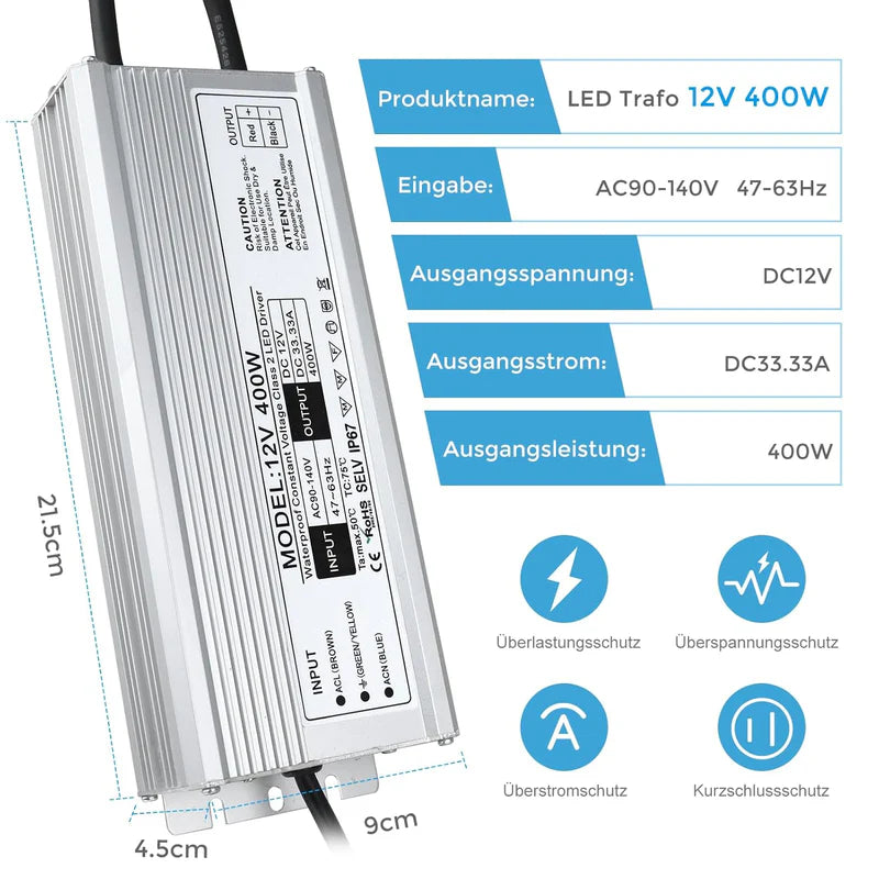 12V Waterproof LED Power Supply – 200W–500W Outdoor LED Driver, 175–265V AC Input, Single or Dual Wire Output, CE/RoHS/FCC Certified, UK/EU Plug & Wire Lead Options