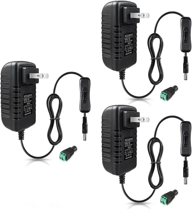 Power Supply Adapter DC 12V with On/Off Switch, 12W–36W Options, AC 100–240V Wall Plug Charger with US Plug, Black/White Housing for LED Strip Lights, Electronics