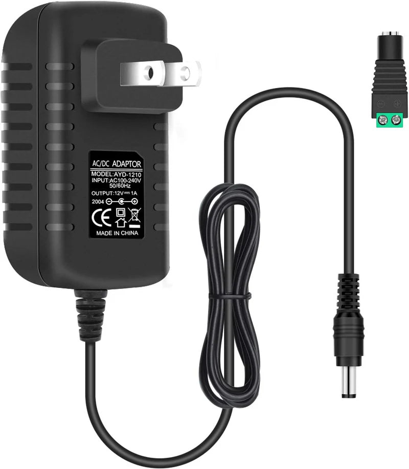 Power Supply Adapter DC 12V 12W–24W, AC 100–240V Wall Plug Transformer with US/UK Plug, Black Case LED Driver for LED Strip Lights, CCTV, Electronics