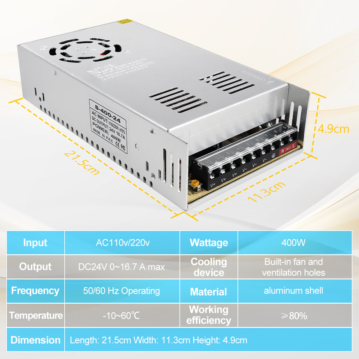 DC 24V LED Switching Power Supply 350W–600W, AC 110/220V Input, High Power LED Driver Transformer, Cooling Fan Metal Case, CE/FCC/RoHS Certified