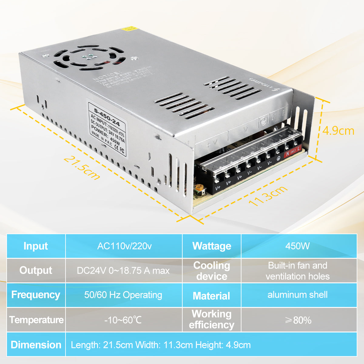 DC 24V LED Switching Power Supply 350W–600W, AC 110/220V Input, High Power LED Driver Transformer, Cooling Fan Metal Case, CE/FCC/RoHS Certified