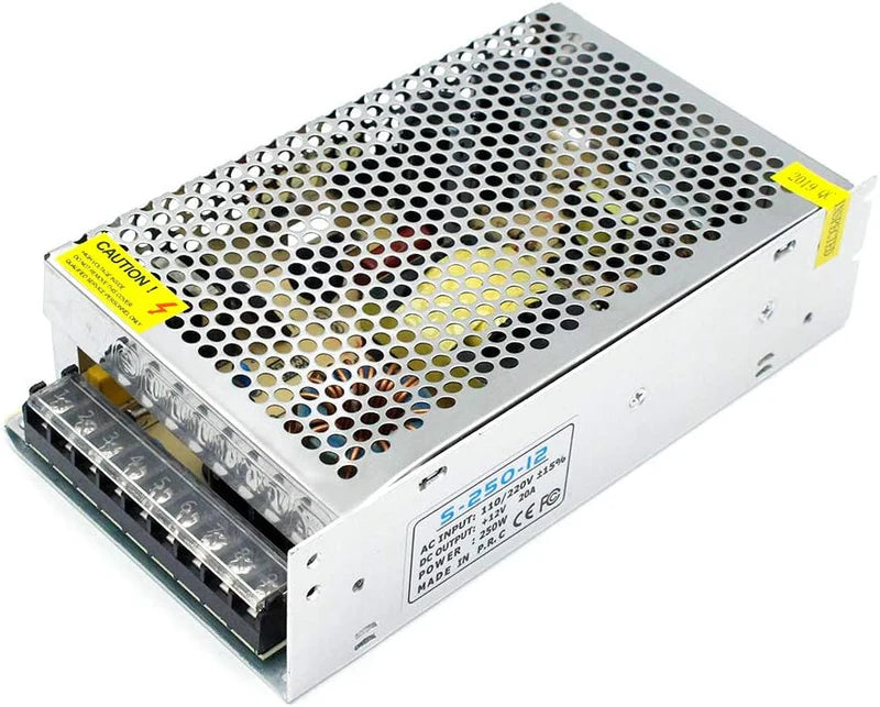 DC 12V/24V 60W–250W Switching Power Supply, AC 110/220V Input, Constant Voltage LED Driver Transformer, Metal Case with Screw Terminals, CE/FCC/RoHS Certified