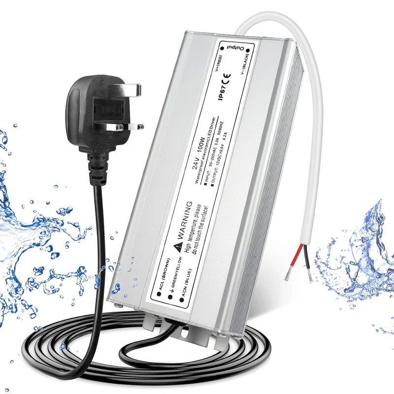 24V Waterproof LED Power Supply – 30W–300W Outdoor LED Driver, 90–265V AC Input, Single or Dual Wire Output, CE/RoHS/FCC Certified, US/UK/EU Plug & Wire Lead Options