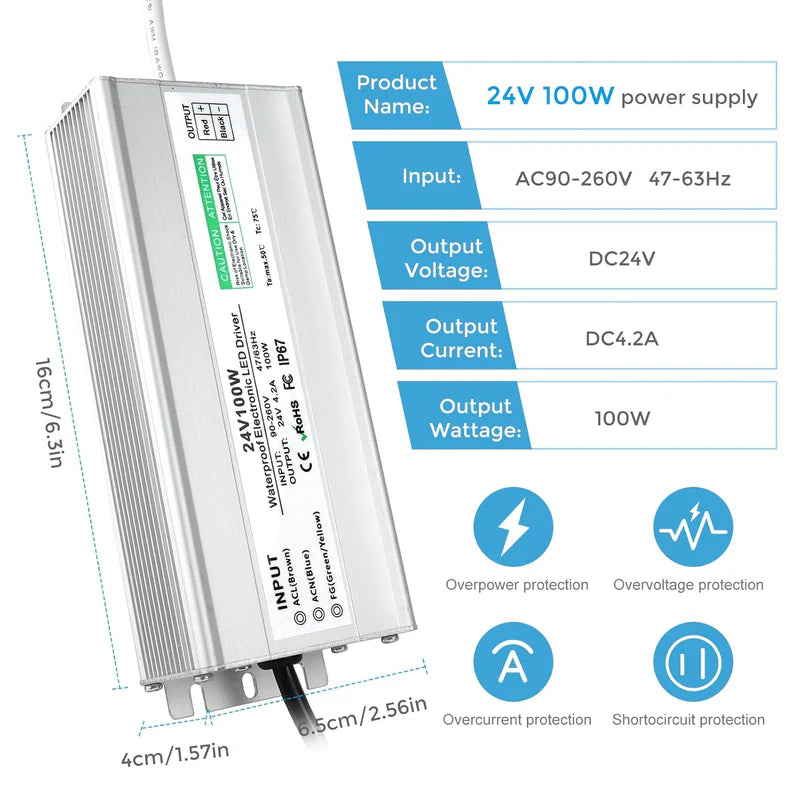 24V Waterproof LED Power Supply – 30W–300W Outdoor LED Driver, 90–265V AC Input, Single or Dual Wire Output, CE/RoHS/FCC Certified, US/UK/EU Plug & Wire Lead Options