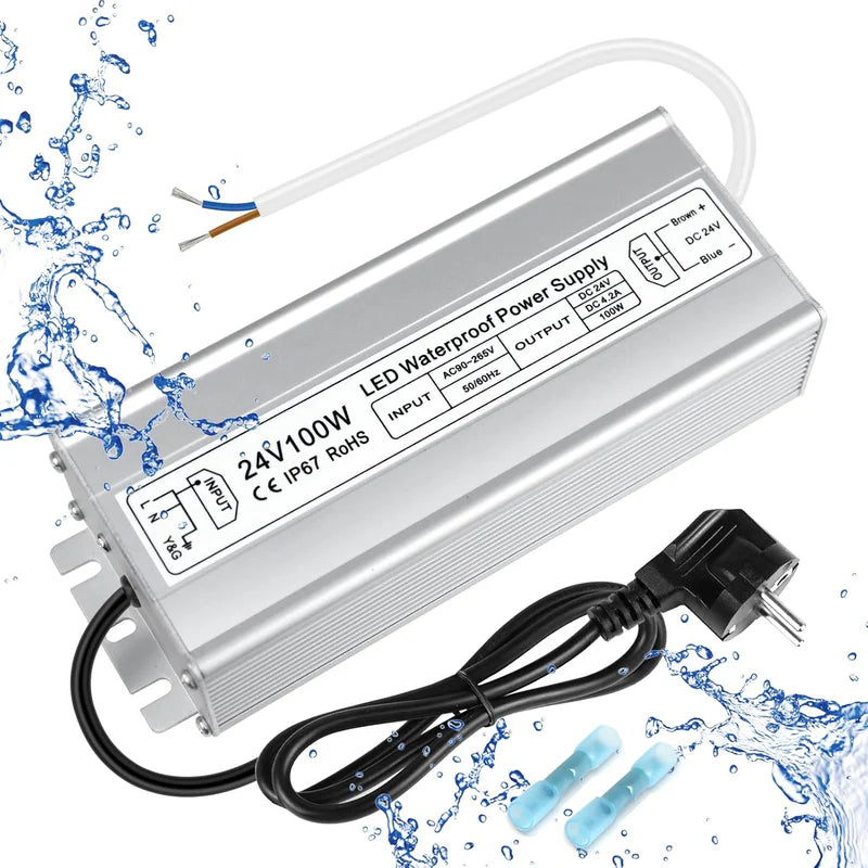 24V Waterproof LED Power Supply – 30W–300W Outdoor LED Driver, 90–265V AC Input, Single or Dual Wire Output, CE/RoHS/FCC Certified, US/UK/EU Plug & Wire Lead Options