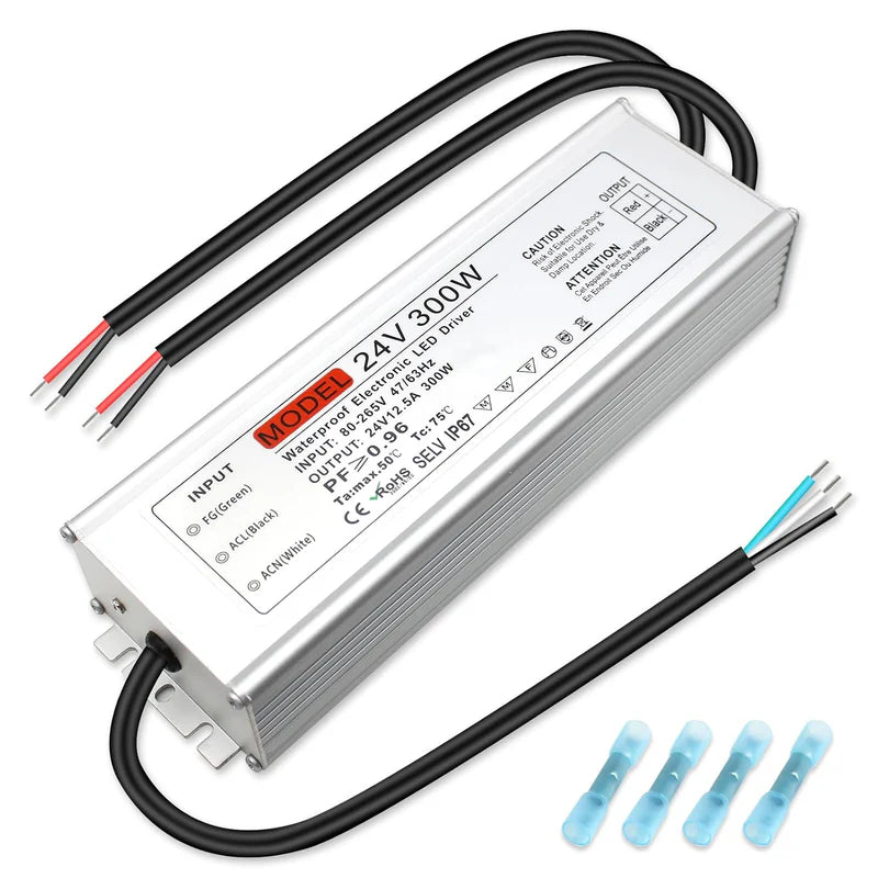 24V Waterproof LED Power Supply – 30W–300W Outdoor LED Driver, 90–265V AC Input, Single or Dual Wire Output, CE/RoHS/FCC Certified, US/UK/EU Plug & Wire Lead Options