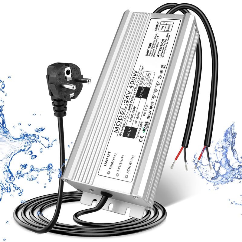 24V Waterproof LED Driver – 200W–500W Outdoor Power Adapter, 175–265V AC Input, Single or Dual Wire Output, CE/RoHS/FCC Certified, UK/EU Plug & Wire Lead Options