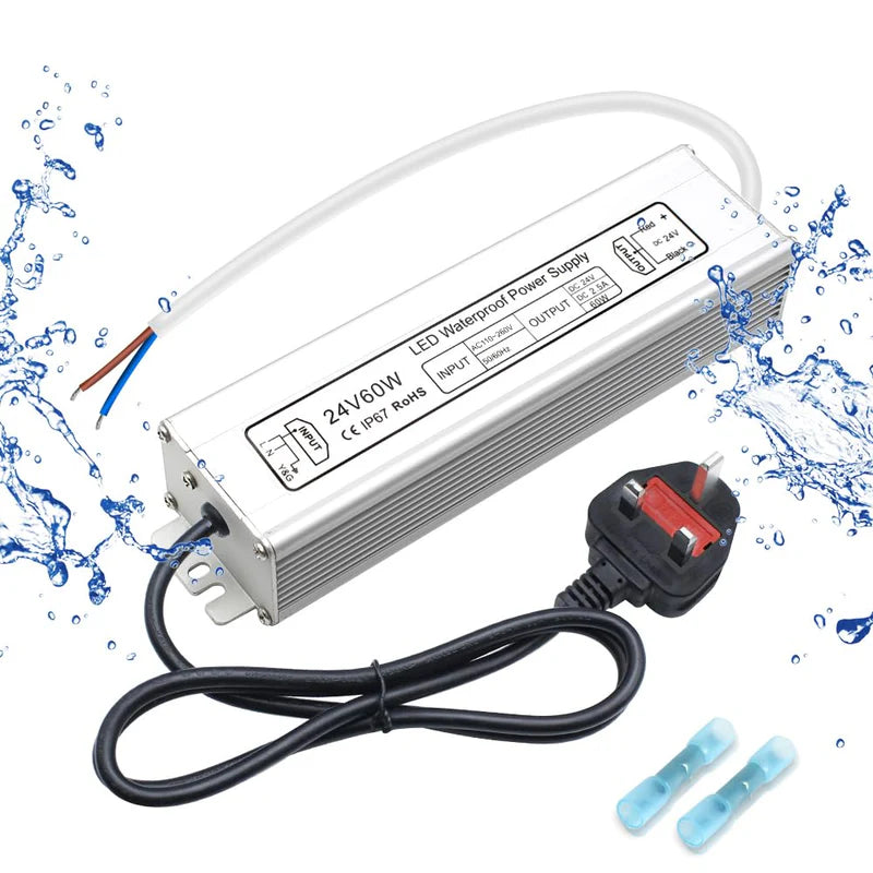 24V Waterproof LED Power Supply – 30W–300W Outdoor LED Driver, 90–265V AC Input, Single or Dual Wire Output, CE/RoHS/FCC Certified, US/UK/EU Plug & Wire Lead Options