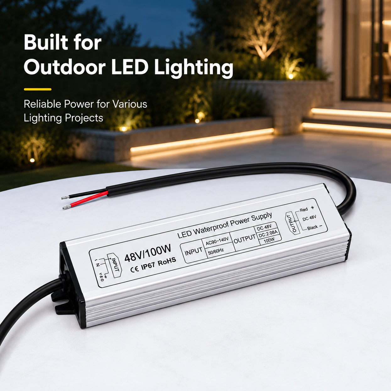 100W 36V/48V Waterproof LED Power Supply, 90-140V Input, Single Output, Aluminum Housing, Outdoor LED Lighting Driver, CE/RoHS/FCC Certified, US Plug
