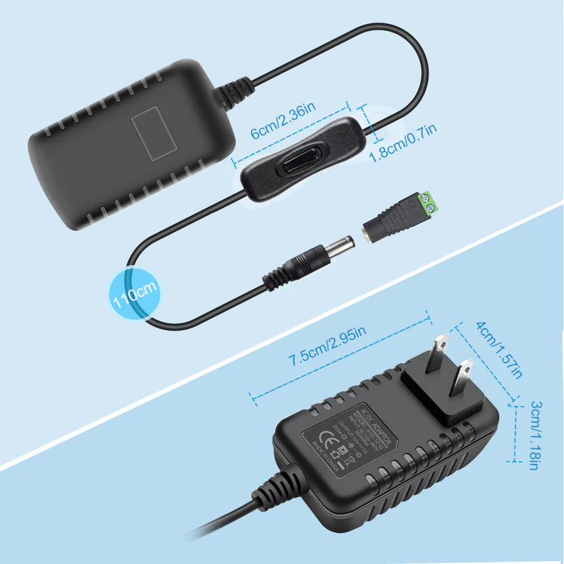 Power Supply Adapter DC 12V with On/Off Switch, 12W–36W Options, AC 100–240V Wall Plug Charger with US Plug, Black/White Housing for LED Strip Lights, Electronics