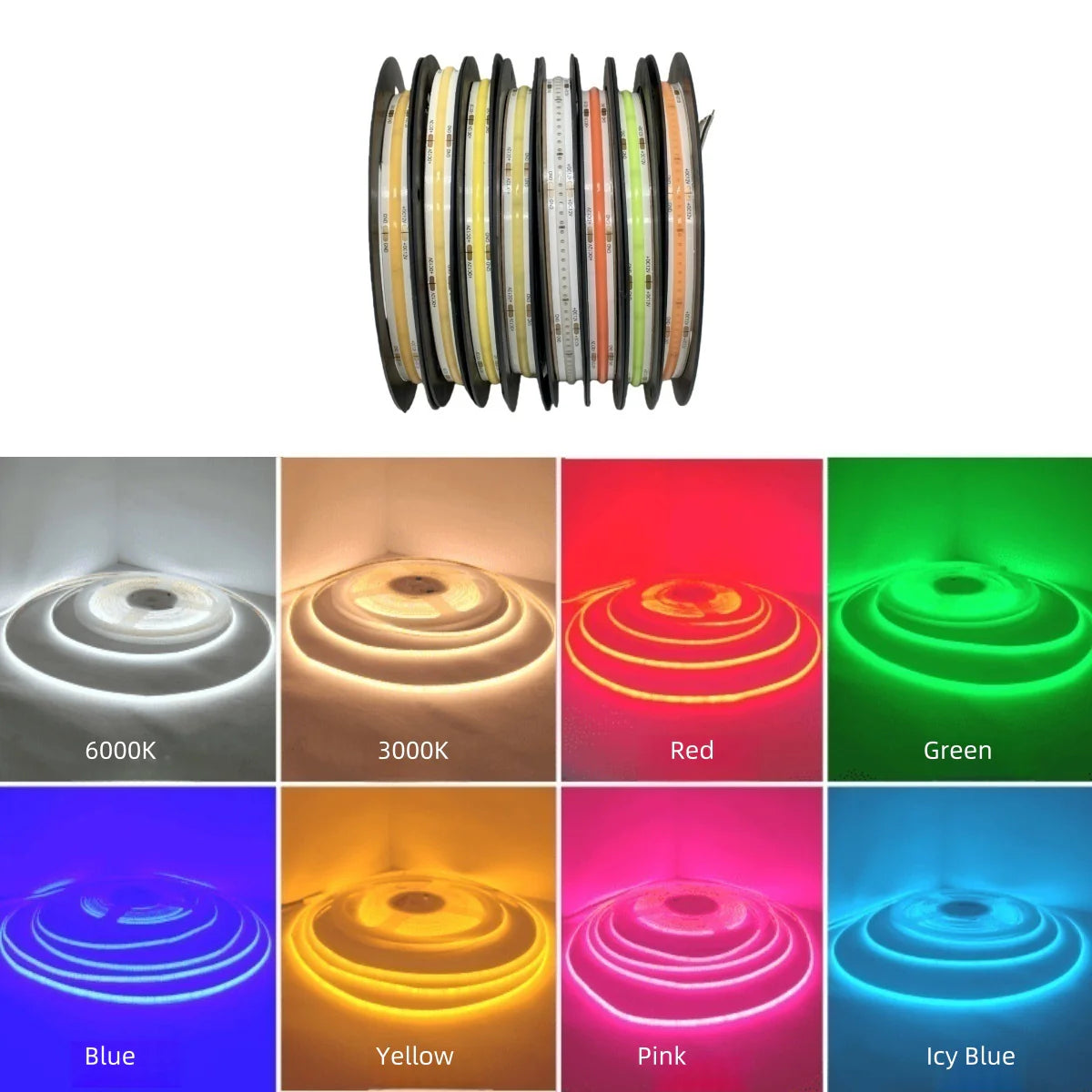 COB LED Strip Light 12V/24V 320/480/512LEDs/M, 8mm Flexible Dot-Free LED Tape, CRI80+ High Brightness Non-Waterproof, 3000K/4000K/6500K & RGB Colors for Cabinet Kitchen Lighting, 5M/10M Pack