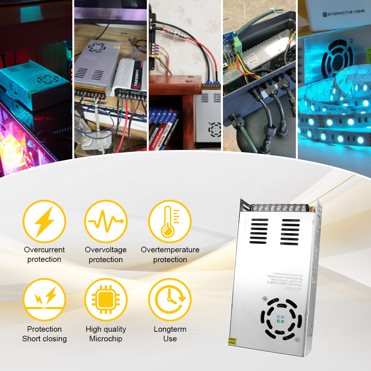 DC 24V LED Switching Power Supply 350W–600W, AC 110/220V Input, High Power LED Driver Transformer, Cooling Fan Metal Case, CE/FCC/RoHS Certified