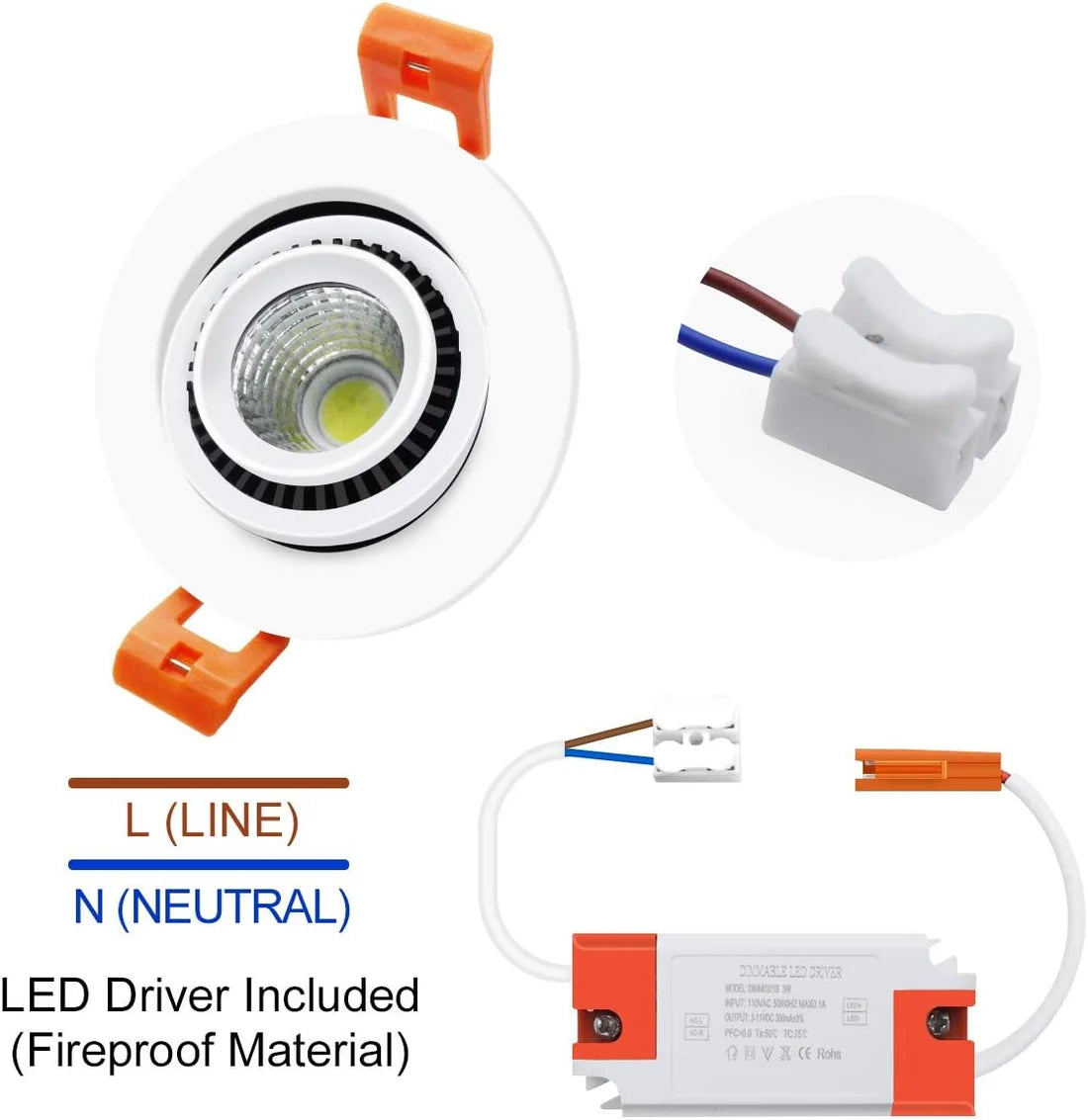 3W/5W/7W Eyeball Gimbal COB LED Downlight, 2700K–6000K, White Housing, TRIAC Dimmable, 100–130V / 200–240V - 4 Pack for Home & Accent Lighting