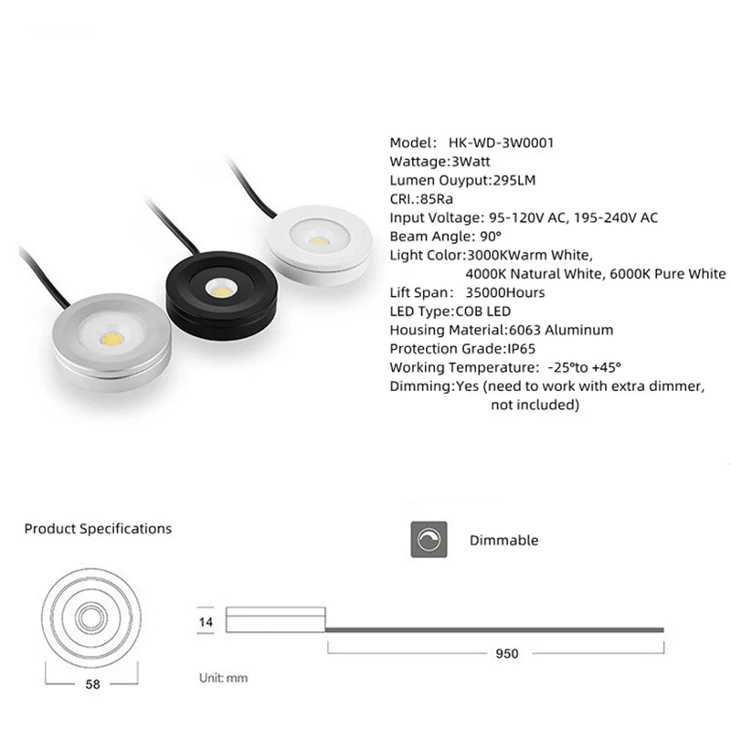 LightingWill Waterproof LED Puck Lights 2 Pack 3W Hardwired, Dimmable Cabinet Lights with Compatible Dimmer, AC 110V / 220V Input, Warm / Daylight White, White / Silver / Black Finish, Adhesive Mount
