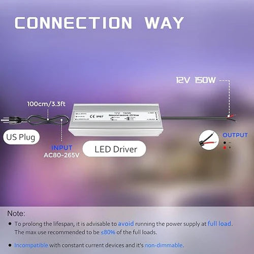 150W 12V/24V Waterproof LED Power Supply, 90-265V Input, Single/Dual Output, Aluminum Housing, Outdoor LED Lighting Driver, CE/RoHS/FCC Certified, US/UK/EU Plug