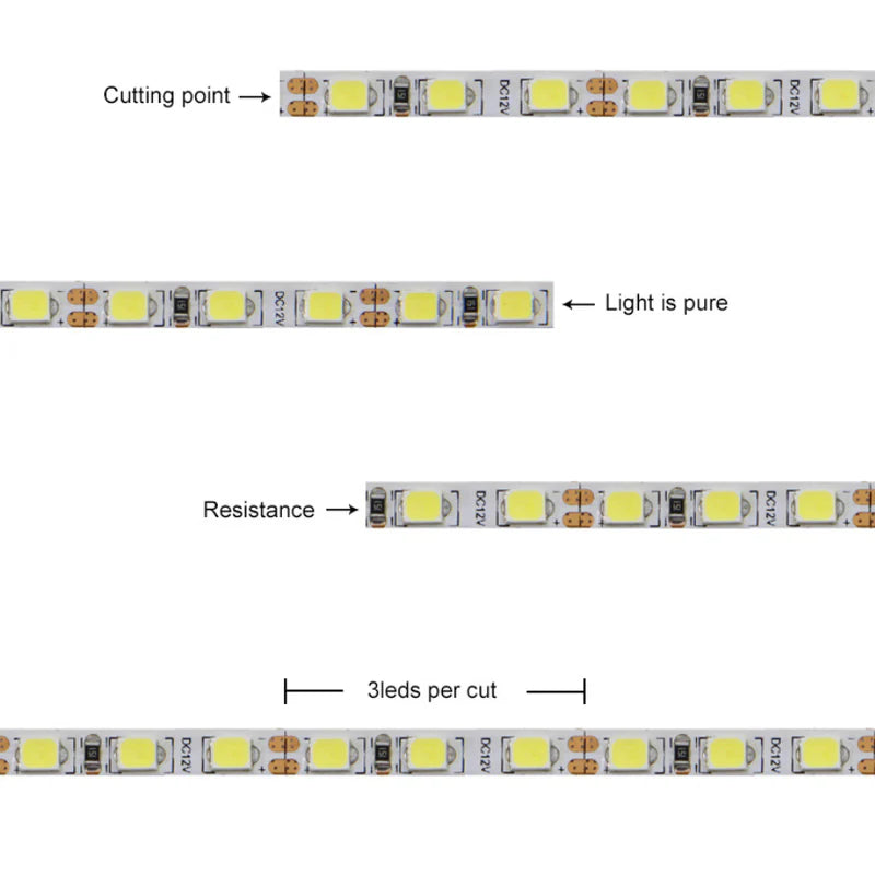 SMD2835 LED Strip Light, 5m Roll | 12V DC | 120 LEDs/m | 8W/m | White 3000K / 4000K / 6000K | 4mm / 5mm PCB | Non-Waterproof IP00