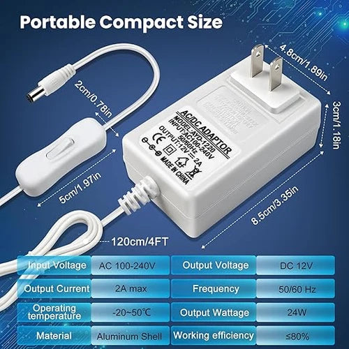 DC 12V Plug-in LED Adapter with On/Off Switch, 24W, US Plug, White Housing, 100–240V AC Input - Power Supply for LED Strip Lights, Decorative Lighting and Home Projects