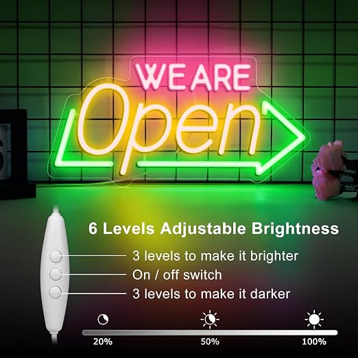 WE ARE OPEN Silicone LED shop signs – USB Powered | 16.1×7.8 inch | Arrow Shape LED Window Sign | Yellow + Red + Green Glow for Cafes, Restaurants & Retail Shops