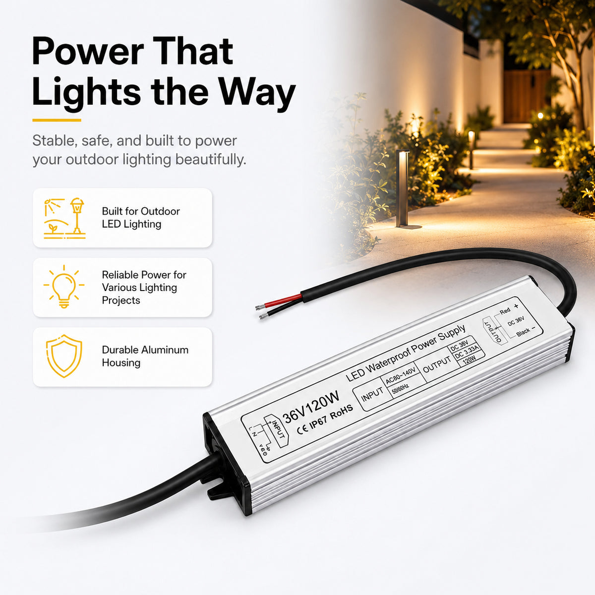 120W 36V/48V Waterproof LED Power Supply, 90-140V Input, Single Output, Aluminum Housing, Outdoor LED Lighting Driver, CE/RoHS/FCC Certified, US Plug