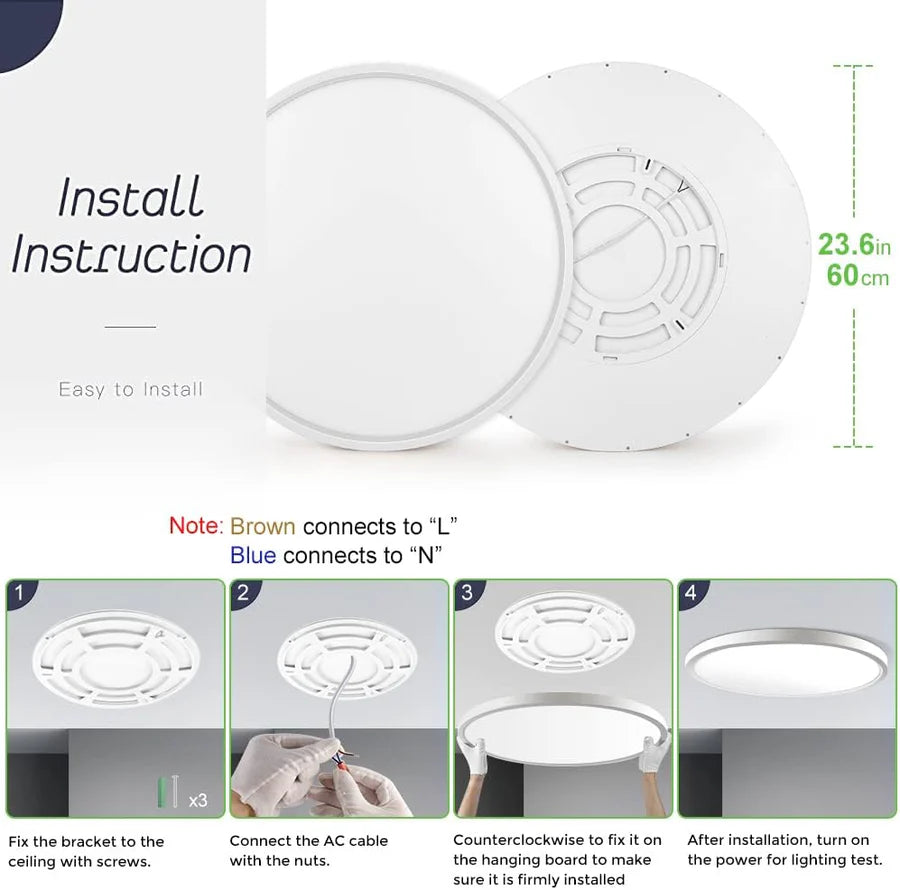 24 Inch 45W White Round Ceiling Light – AC 110–130V | 3000K / 4500K / 5000K / 6500K | Flush Mount Ceiling Light for Large Room Lighting | 1-Pack – Local Stock (US)