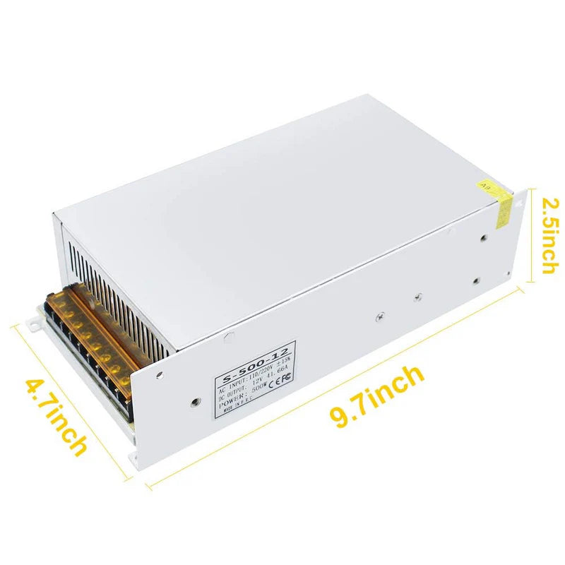 High Power DC 12V/24V 300W–600W Switching Power Supply, AC 110/220V Input, LED Driver Transformer, Metal Case with Cooling Fan, CE/FCC/RoHS Certified