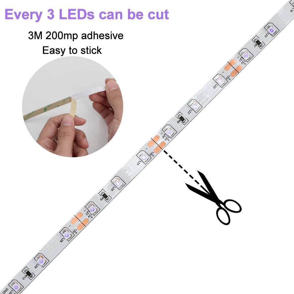 LightingWill 395–405nm SMD2835 UV LED Strip Light – 60 LEDs/m, 5M (16.4FT), Non-Waterproof/IP65