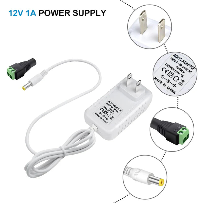 Power Supply Adapter DC 12V 12W–36W, AC 100–240V Wall Plug Transformer with US Plug, White Case LED Driver for LED Strip Lights, CCTV, Electronics