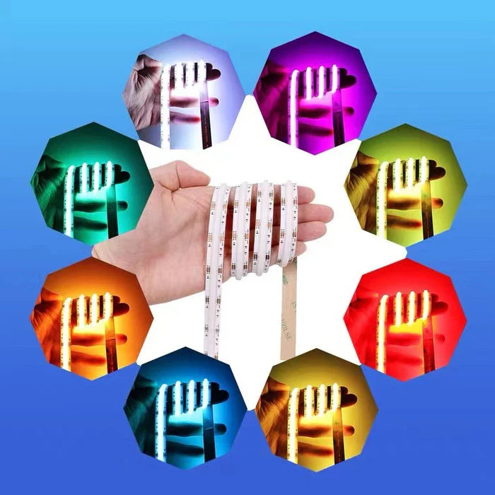 RGB COB LED Strip Light 12V/24V 576/840LEDs/M, 10mm Flexible Dot-Free LED Tape, Non-Waterproof, RGB Color Changing for Cabinet Kitchen & Office Lighting, 5M/10M Pack / Complete Kit
