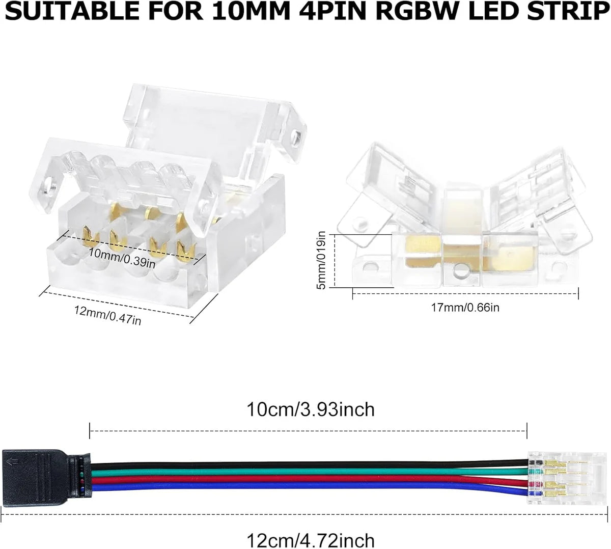 LightingWill LED Strip Connector 10mm 4Pin Transparent Solderless Clips, LED Light Strip Connector Strip to Wire Strip to Strip Female Plug Connector for RGB Strip, Local Stock US UK