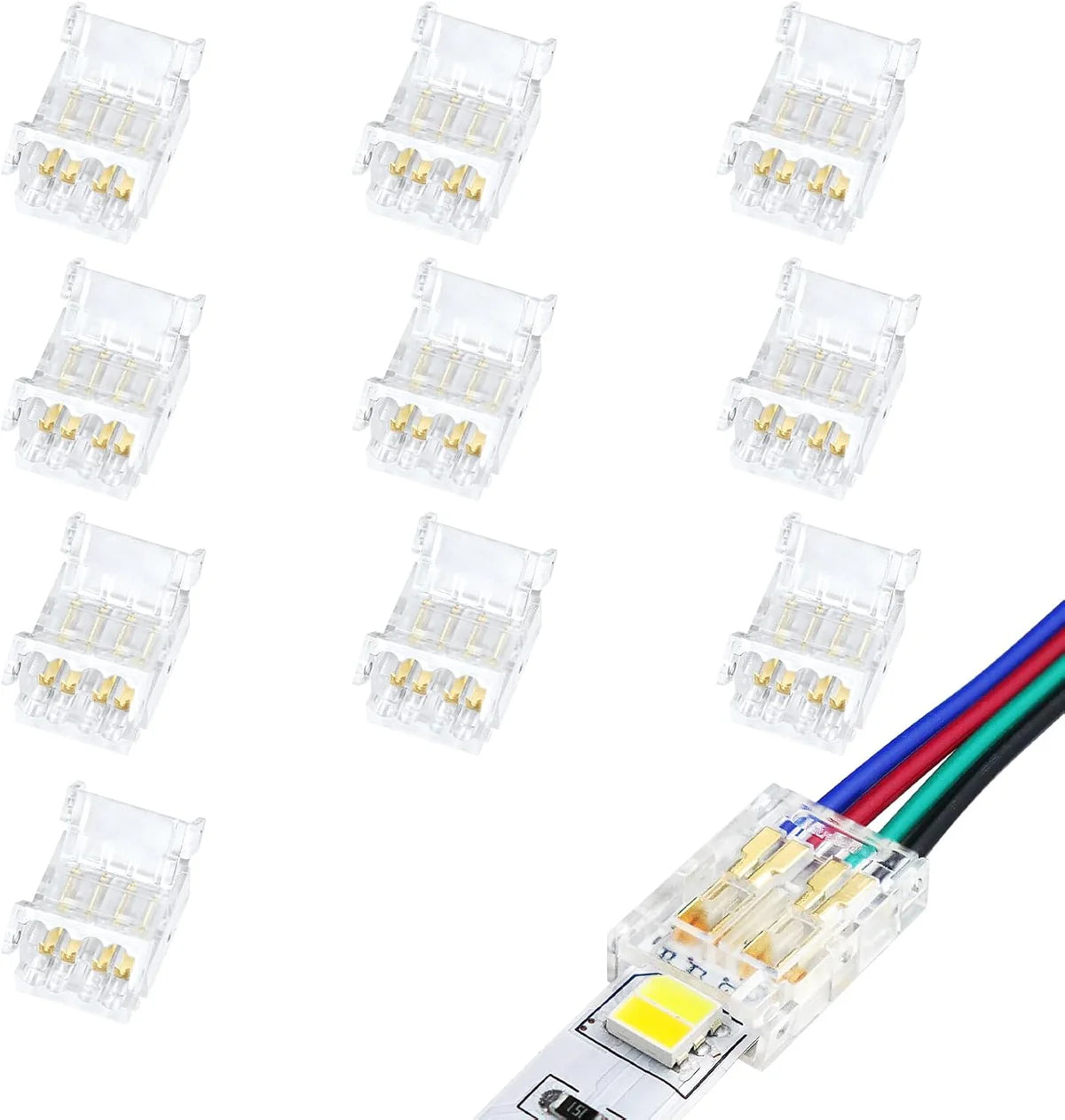 LightingWill LED Strip Connector 10mm 4Pin Transparent Solderless Clips, LED Light Strip Connector Strip to Wire Strip to Strip Female Plug Connector for RGB Strip, Local Stock US UK