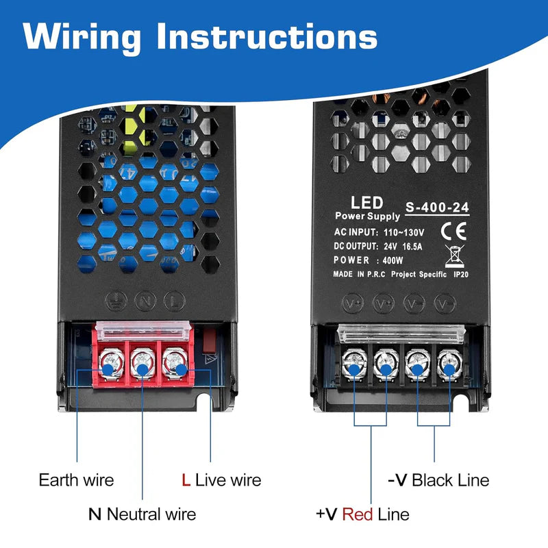 Slim Black DC 12V/24V 300W–400W Switching Power Supply, AC 110–130V/175–250V Input, LED Driver Transformer with Built-in Cooling Fan, CE/FCC/RoHS Certified