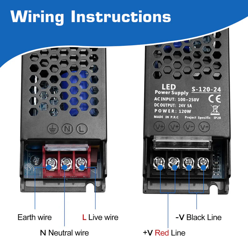 Slim Black DC 12V/24V 36W–200W Switching Power Supply, AC 110–250V Input, Narrow Type LED Transformer, Compact Metal Housing, CE/FCC/RoHS Certified