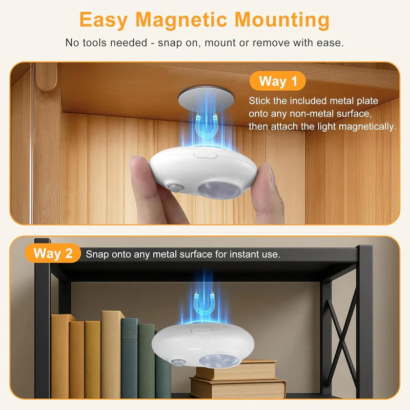 LightingWill Rechargeable Pebble LED Closet Light 4/6 Pack 3 LEDs, 3 Color Modes 3000K / 4000K / 6000K Motion Sensor Dimmable Cabinet Light, Tap Switch, White Finish, Magnetic Mounting