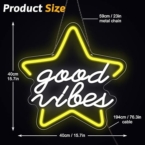 Star Good Vibes Neon Sign for Game Room Decor, 15.7*15.7'' Light Up Neon Lights Powered by USB with ON/OFF Switch, Man Cave, Kids Room,Super Star Gaming Wall Decor Gamer Gifts for Boys, Kid, Monther's Day(White)