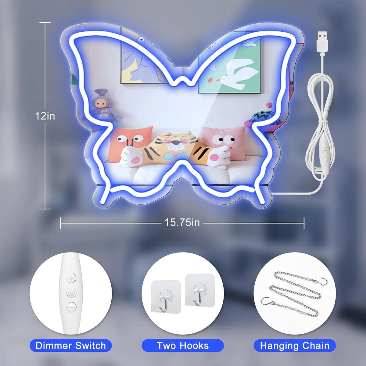 Butterfly Mirror Vanity Sign – Blue/Ice Blue/Pink/Purple/Warm White Neon Outline | 15.7×12 inch | USB Powered | Perfect for Vanity Decor