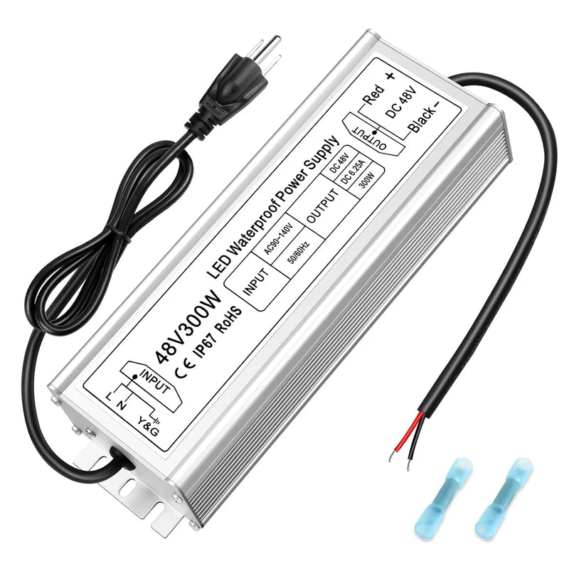 48V IP67 Waterproof LED Driver – 100W–400W Constant Voltage Power Supply, 90–140V AC Input, Single Output, CE/RoHS/FCC Certified, US Plug & Wire Lead Options