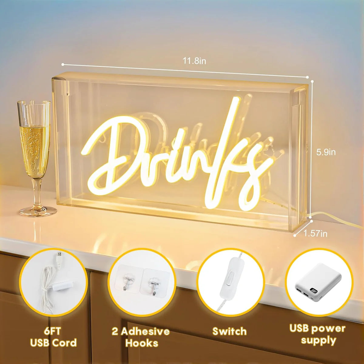 Desk Light Box – Rectangular 11.8x5.9 inch | Warm White/ Pink | USB Powered | Tabletop Display | For Table Decor, Home Bar, Kitchen, Club, Pub, Restaurant Wall Decor & Bar Cart Accessories