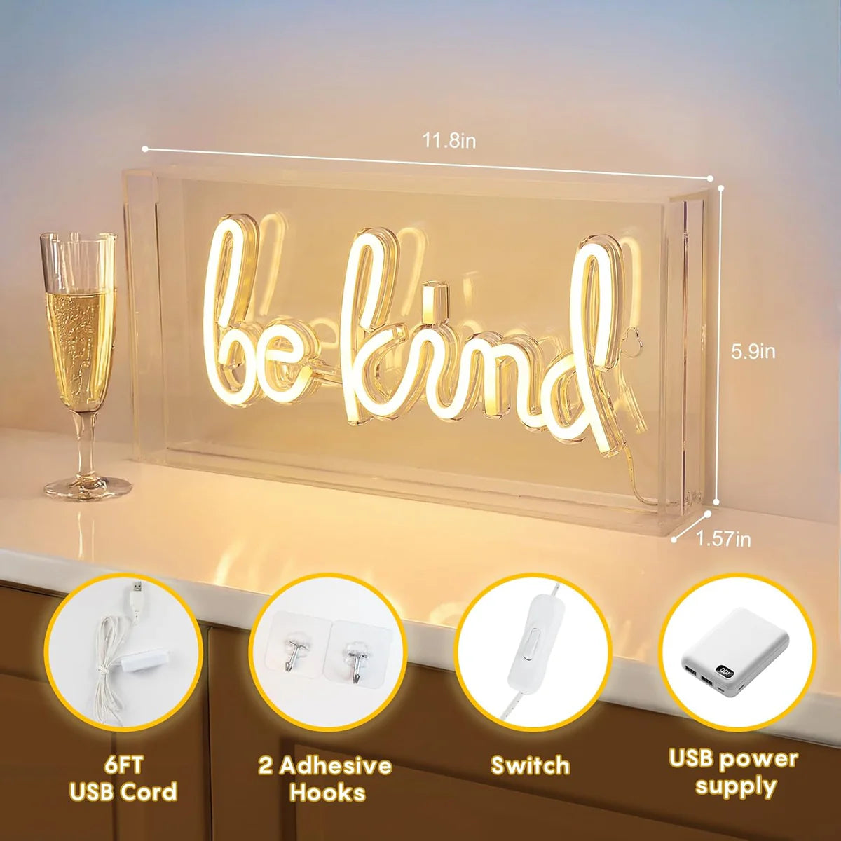 Desk Light Box – Rectangular 11.8x5.9 inch | Warm White/ Pink | USB Powered | Tabletop Display | For Table Decor, Home Bar, Kitchen, Club, Pub, Restaurant Wall Decor & Bar Cart Accessories