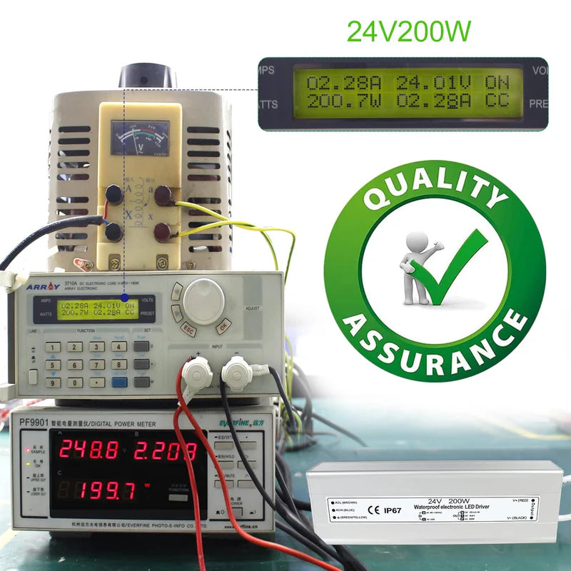 24V Waterproof LED Transformer – 200W–500W Outdoor LED Driver, 90–140V AC Input, Single or Dual Wire Output, CE/RoHS/FCC Certified, US Plug & Wire Lead Options