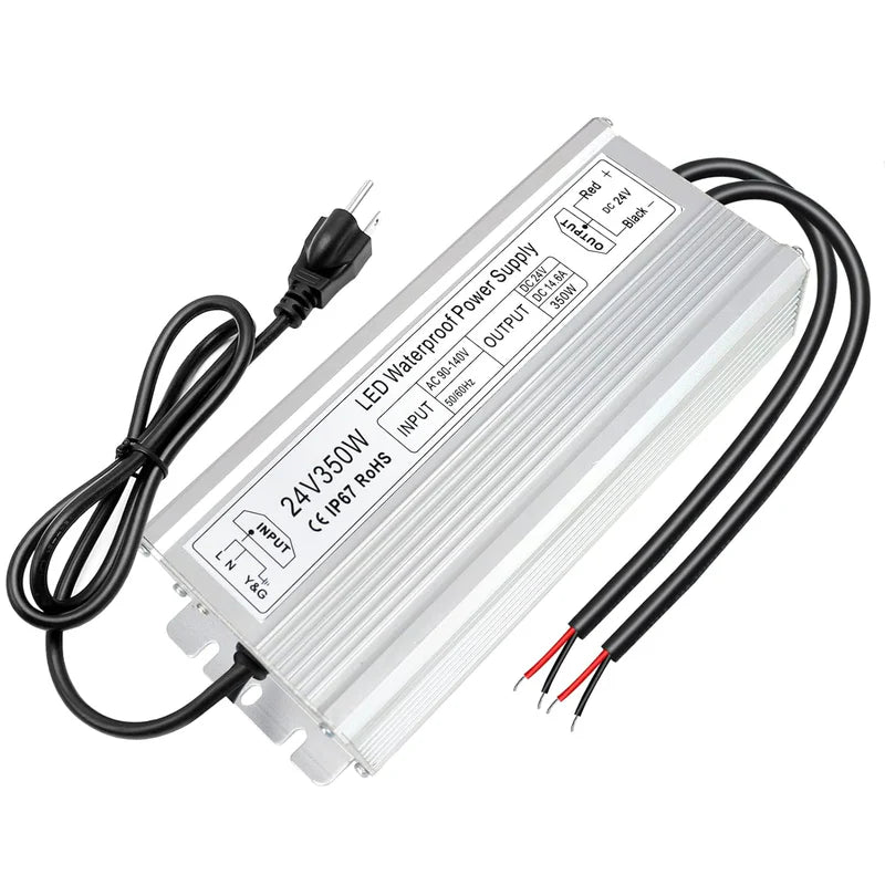 24V Waterproof LED Transformer – 200W–500W Outdoor LED Driver, 90–140V AC Input, Single or Dual Wire Output, CE/RoHS/FCC Certified, US Plug & Wire Lead Options