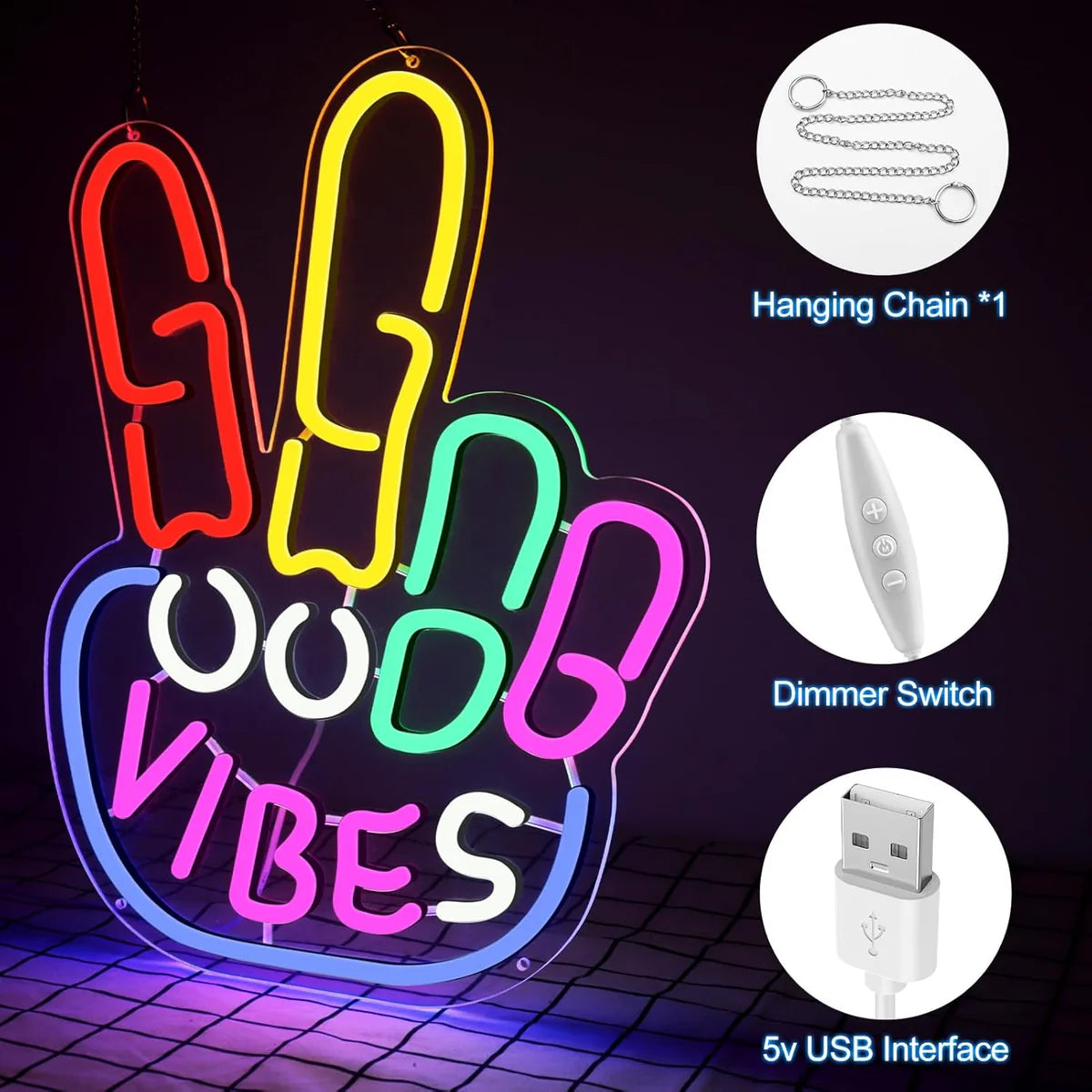Good Vibes LED Sign – Peace Hand Sign | USB Neon Light for Wall Decor | 17×13 inch | Hanging | Ideal for Bedroom, Dorm, Lounge, Party Mood Lighting