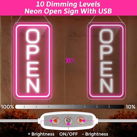 OPEN COB LED shop signs – Pink + White Glow | 22.8 × 11.8 inch (58 × 30 cm) | Horizontal / Vertical Style | 12V Powered Dimmable Window Hanging Light with US Plug for Cafes, Restaurants & Retail Shops