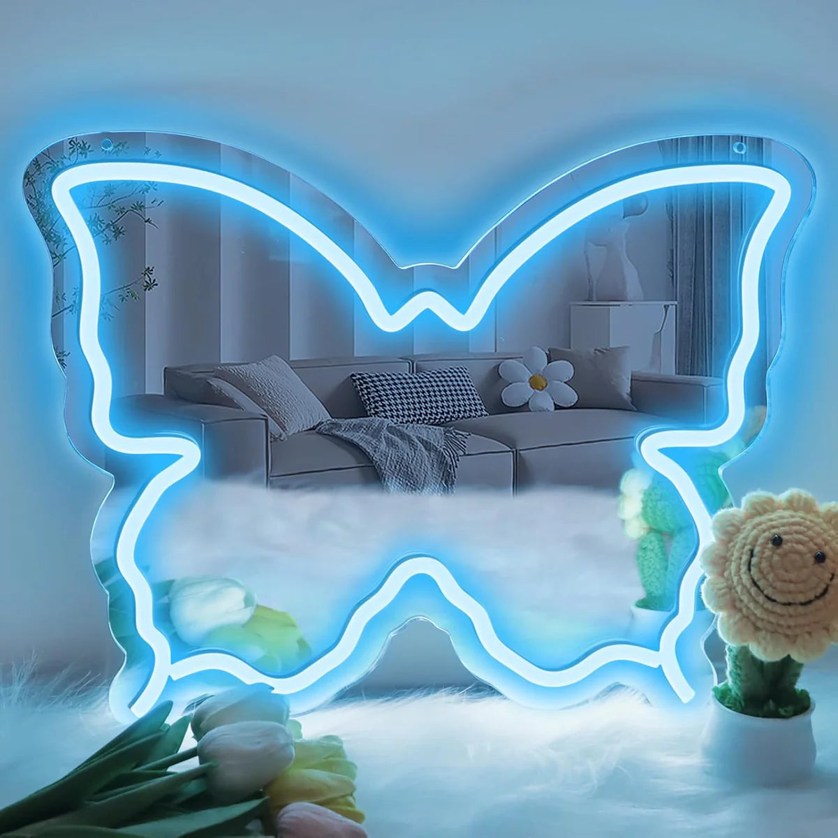 Butterfly Mirror Vanity Sign – Blue/Ice Blue/Pink/Purple/Warm White Neon Outline | 15.7×12 inch | USB Powered | Perfect for Vanity Decor