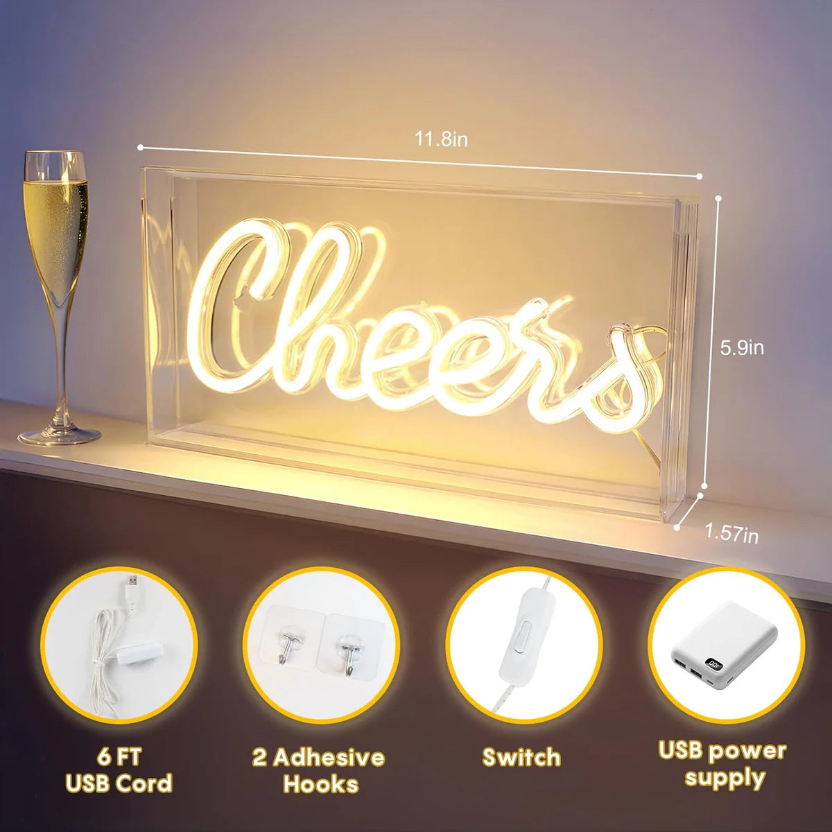 Desk Light Box – Rectangular 11.8x5.9 inch | Warm White/ Pink | USB Powered | Tabletop Display | For Table Decor, Home Bar, Kitchen, Club, Pub, Restaurant Wall Decor & Bar Cart Accessories