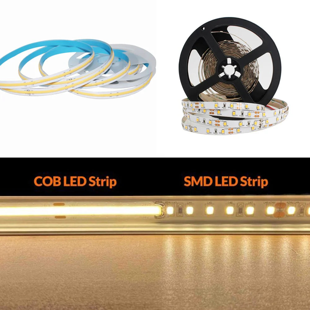COB LED Strip Light 12V/24V 320/480/512LEDs/M, 8mm Flexible Dot-Free LED Tape, CRI80+ High Brightness Non-Waterproof, 3000K/4000K/6500K & RGB Colors for Cabinet Kitchen Lighting, 5M/10M Pack